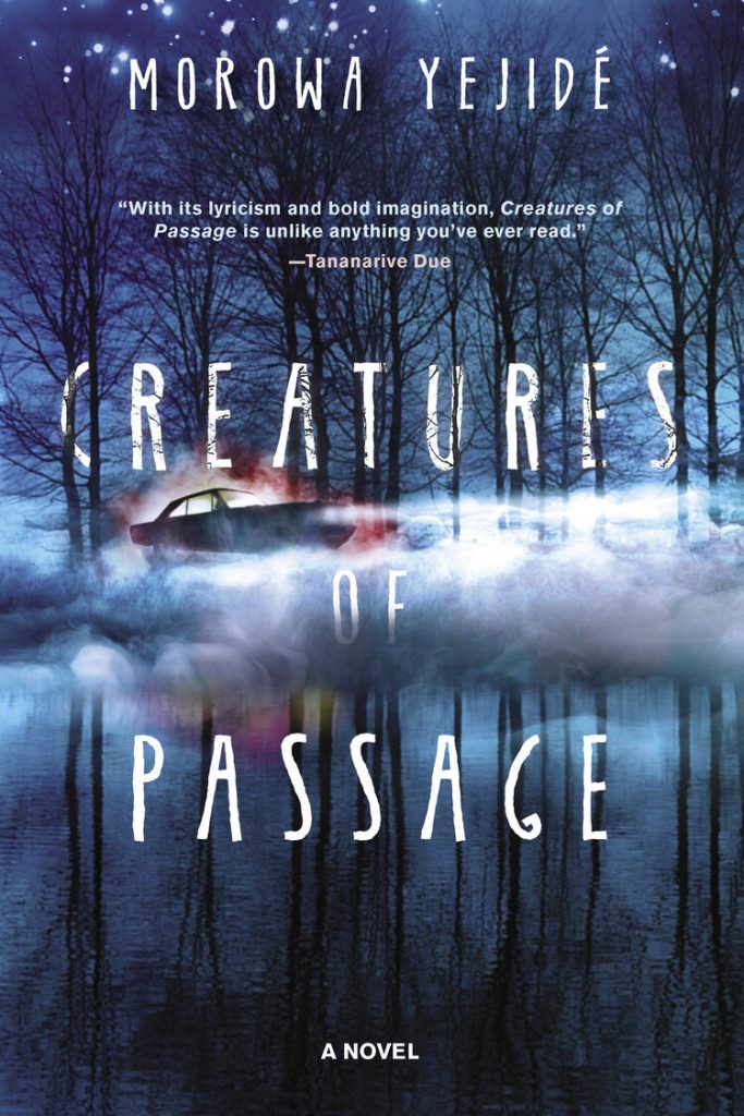 The cover artwork of Yejidé's book, Creatures of Passage, showing a blue and purple foggy landscape with a taxi cab passing through.