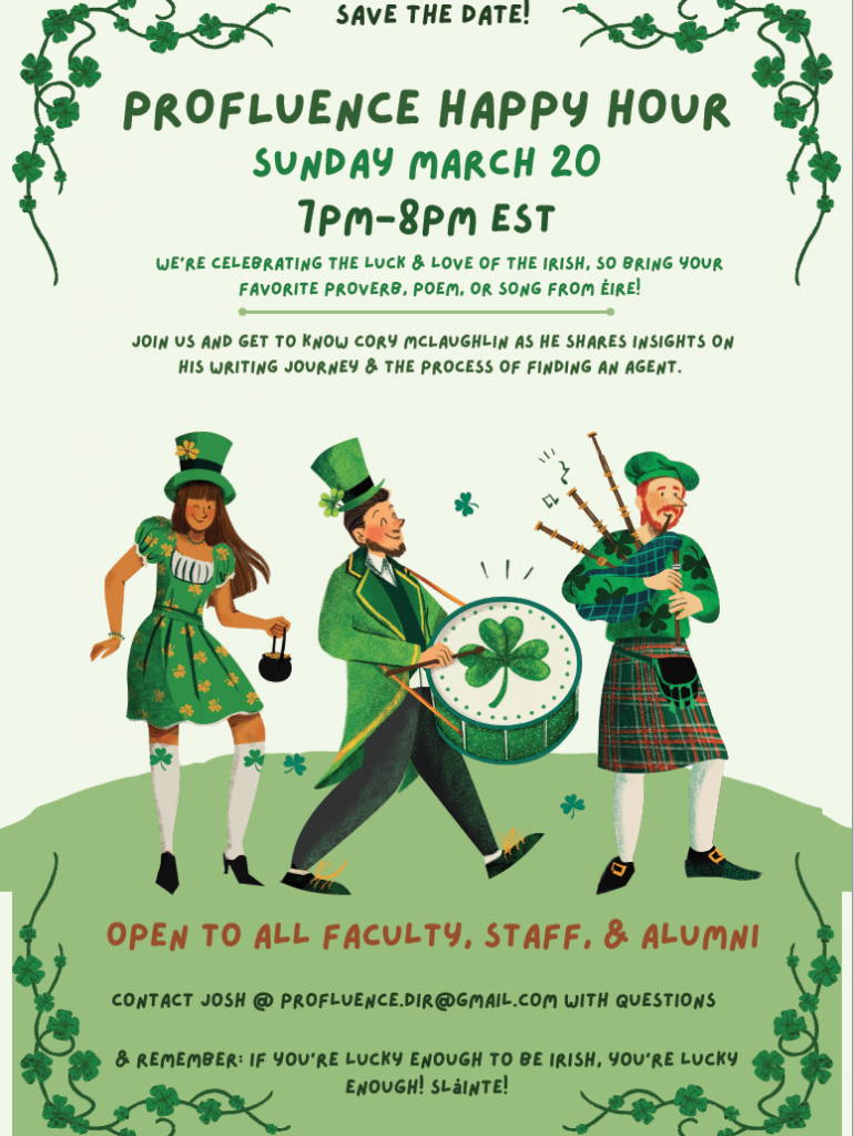 The advertisement poster for the happy hour event, which is St. Patrick's Day themed with cartoon images dressed in green, playing bagpipes, and holding a small pot of gold.