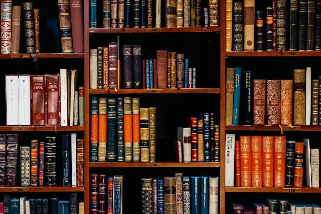 Books on a wooden shelf.