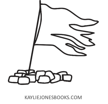 The logo of Kaylie Jones Books, which is a tattered flag flying over a bed of rocks.