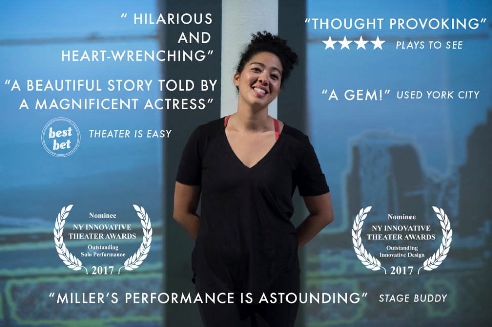 Promotional image for Christine Renee Miller's solo show "Such Nice Shoes," overlayed with blurbs and accolades related to the show. Features two nominations for awards at the NY Innovative Theater Awards.